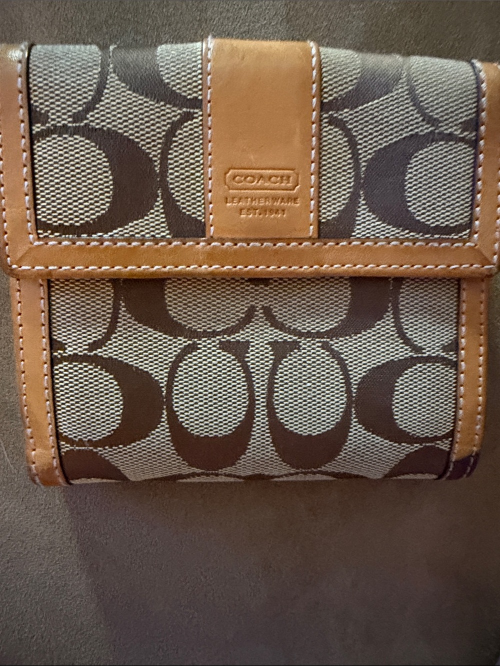 Coach Brown Signature Canvas Trifold Wallet with Tan Leather Trim